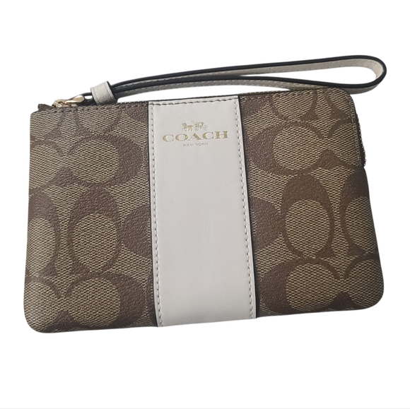 Coach Handbags - Coach Corner Zip Brown and White Wristlet